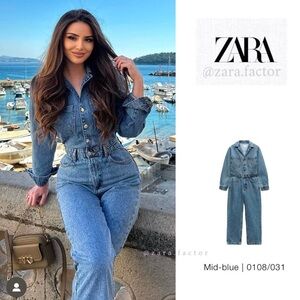 ZARA NEW WOMAN SS24 MID-BLUE Z1975 LONG SLEEVE DENIM JUMPSUIT REF:0108/031 SMALL